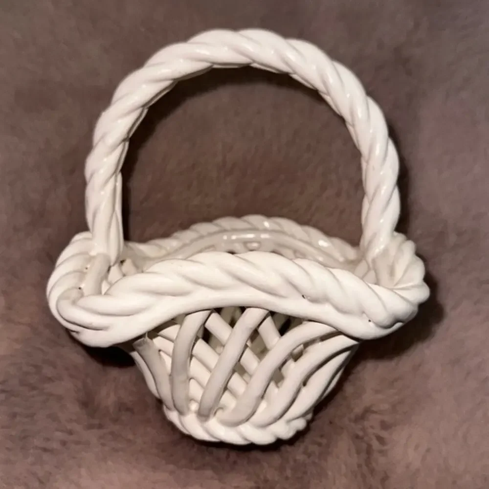 Vintage Handmade Italian White Lattice Woven Ceramic Basket